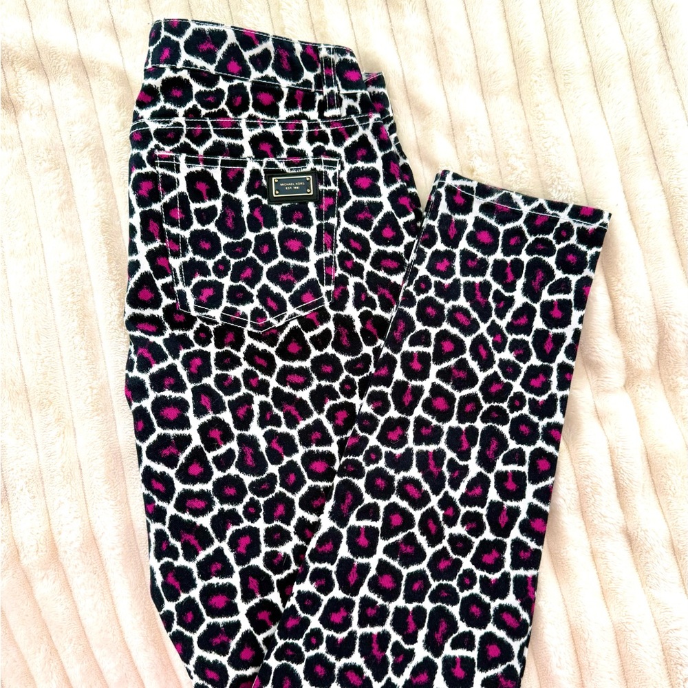 Michael Kors Black and Pink Leopard Print Skinny Jeans.